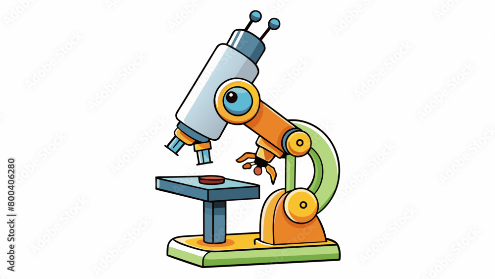 Poster A student microscope with a builtin light source and adjustable stage. Resting on the stage is a small insect its exoskeleton and segmented body. Cartoon Vector.