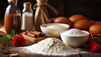 A baking prep scene with piles of flour, eggs, fresh milk, and roses adds a romantic touch to culinary arts