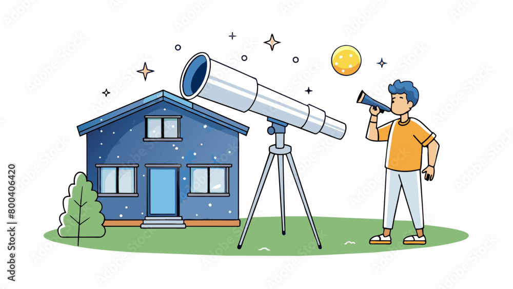 Poster A telescope stood tall in the backyard of the scientists house pointed towards the starry sky. The scientist sat next to it with a star chart and a. Cartoon Vector.