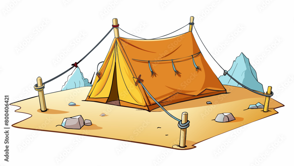 Poster a tent pitched in a windy desert its ropes firmly attached to nearby rocks and trees to keep it from