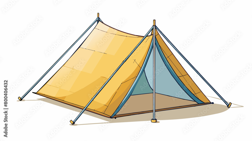 Poster a tent with a triangular shape made of lightcolored fabric and held up by long metal poles attached 