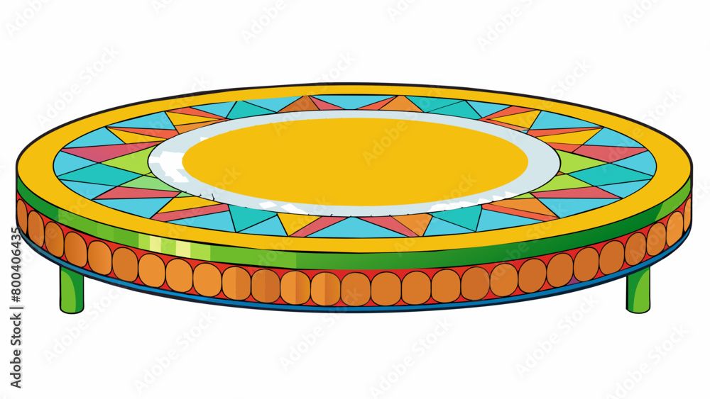 Poster A thick circular board with a trampolinelike surface designed with vibrant multicolored patterns and flexible elastic ss along the perimeter.  on. Cartoon Vector.
