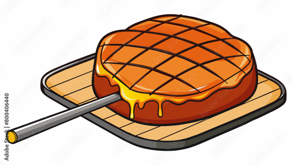 Poster A thick and juicy ham steak sizzling on the grill caramelized and charred on the edges with lines of golden honey glaze running down the sides. The. Cartoon Vector.