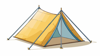 A tent with a triangular shape made of lightcolored fabric and held up by long metal poles attached to the corners. There is a small entrance covered. Cartoon Vector.