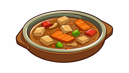 A thick and savory seitan stew made with chunks of seitan root vegetables and a rich flavorful broth. Each sful contains tender bites of seitan that. Cartoon Vector.
