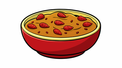 A thick chunky dip that combines chopped nuts sundried tomatoes and olive oil. The dip has a bright red color and a rich nutty taste.  on white. Cartoon Vector. - obrazy, fototapety, plakaty