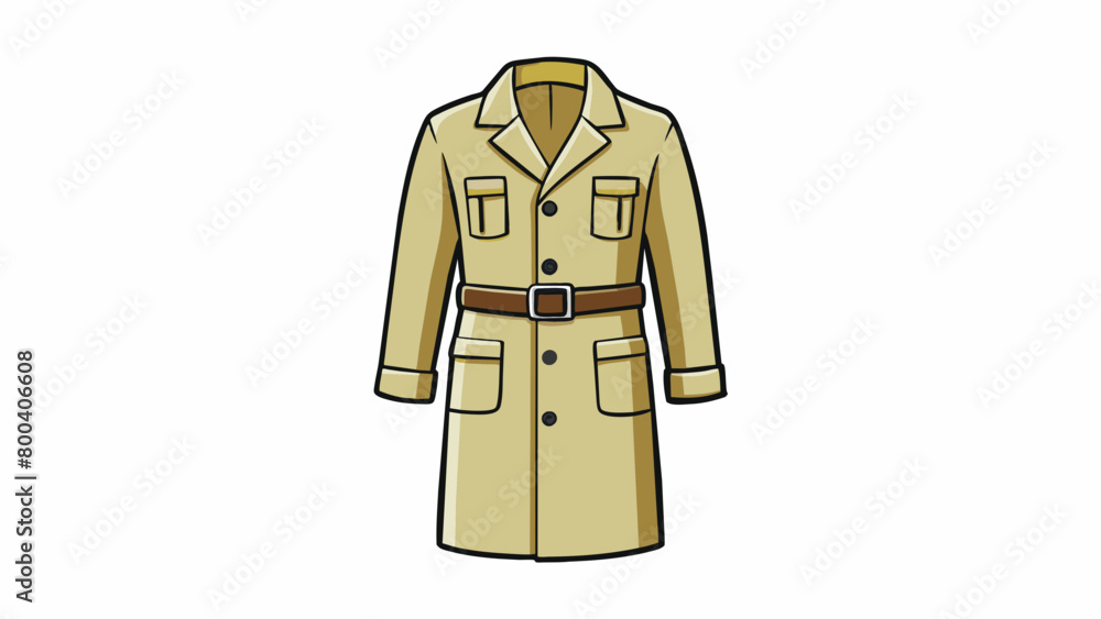 Poster A uni lab coat in a khaki color with a notched lapel and a belted waist for a more professional look. It is waterresistant and has multiple pockets. Cartoon Vector.