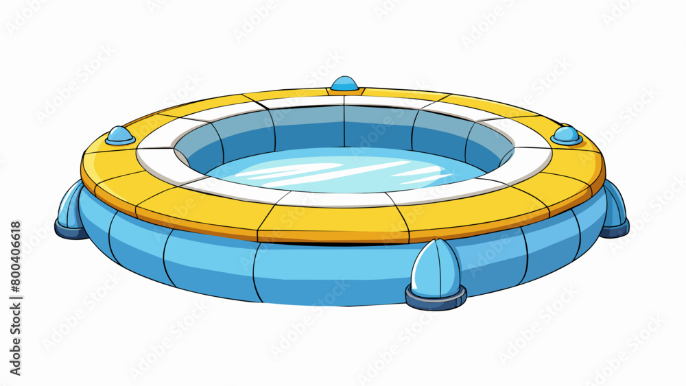 Poster A unique inflatable trampoline designed for water play. Its circular shape is made up of multiple air chambers and it can float in a pool or be. Cartoon Vector.