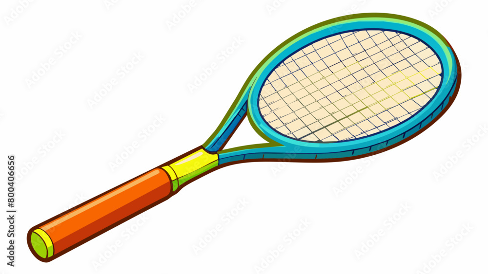 Poster A vibrant and colorful tennis racket designed with a mixture of glossy and matte finishes. Its wide head and stiff frame make it ideal for smashing. Cartoon Vector.