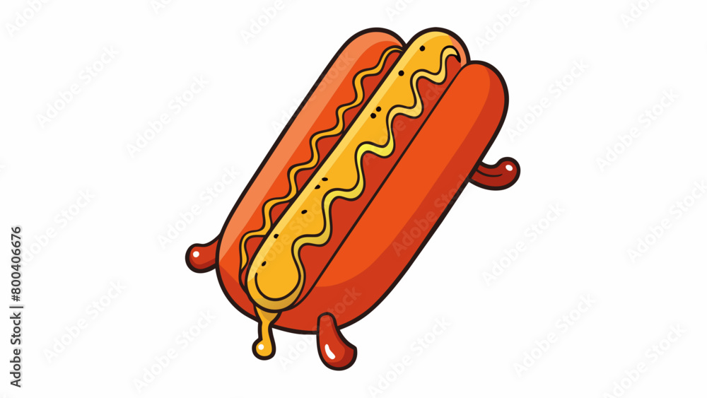Poster A versatile tomatobased sauce that cascades down the sides of a hotdog adding a zesty kick to any simple snack.  on white background . Cartoon Vector.