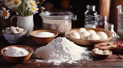 Fototapeta premium Artistic display of baking ingredients with natural light emphasizing the mood of artisanal food preparation