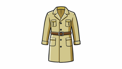 A uni lab coat in a khaki color with a notched lapel and a belted waist for a more professional look. It is waterresistant and has multiple pockets. Cartoon Vector.