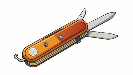 A versatile instrument with a sy metal frame and a burgundy grip. It includes a large blade a wire stripper and a flathead screwdriver on one side as. Cartoon Vector. - obrazy, fototapety, plakaty