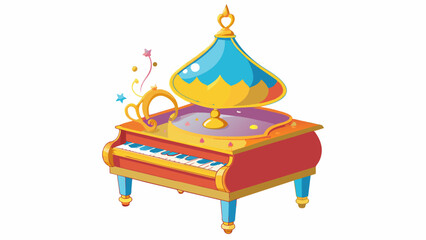 A vibrant intricatelydecorated music box sits atop a grand piano. When the lid is od a tiny whimsical genie made of spun gold and glitter pops out. Cartoon Vector. - obrazy, fototapety, plakaty
