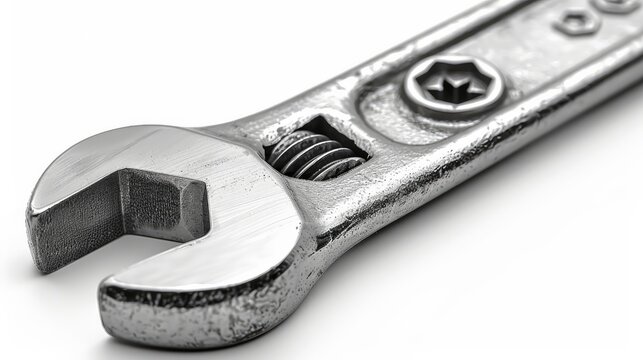 An adjustable spanner isolated on a white background, featuring a chrome vanadium wrench design, commonly used in industrial settings.