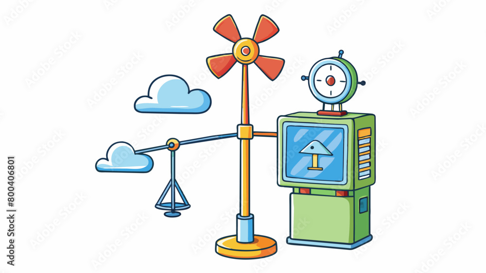 Poster A weather station with a large outdoor hygrometer that resembles a small windmill with rotating blades that measure the speed and direction of the. Cartoon Vector.