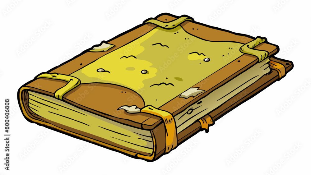 Poster a weathered old book with faded yellowing pages and a musty smell. the cover is tattered and the bin