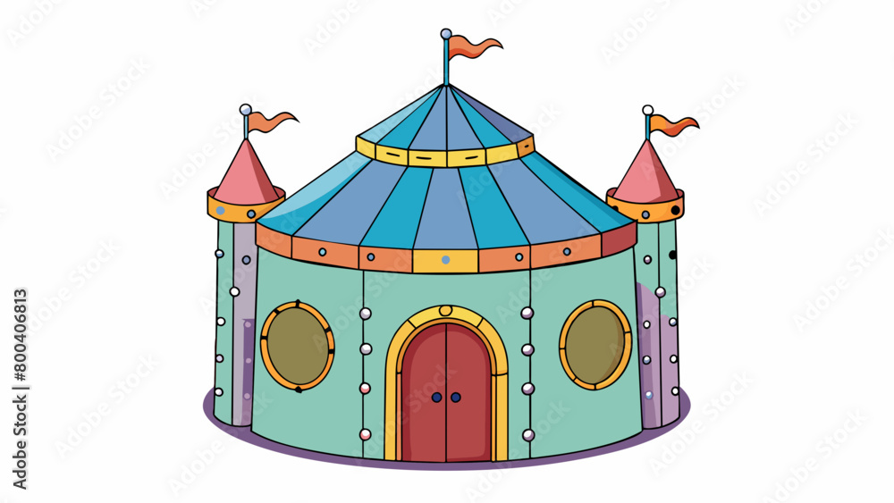 Poster A whimsical castle play tent made of soft lightweight fabric and adorned with playful turrets and flags. The tent is easy to assemble with its simple. Cartoon Vector.
