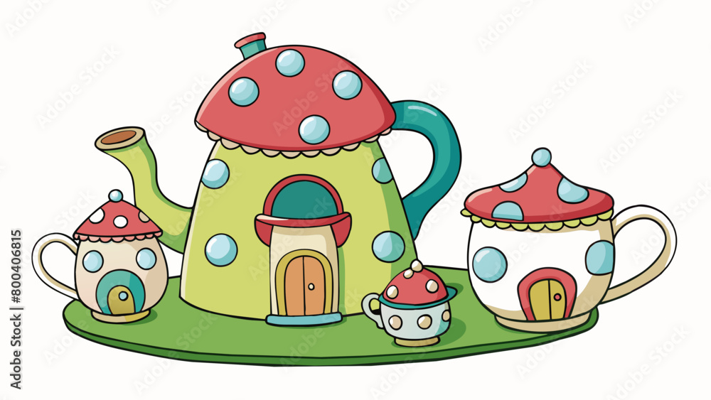 Poster A whimsical tea set that looks like soing from a fairytale with cups and saucers shaped like mushrooms and a teapot shaped like a little house. The. Cartoon Vector.