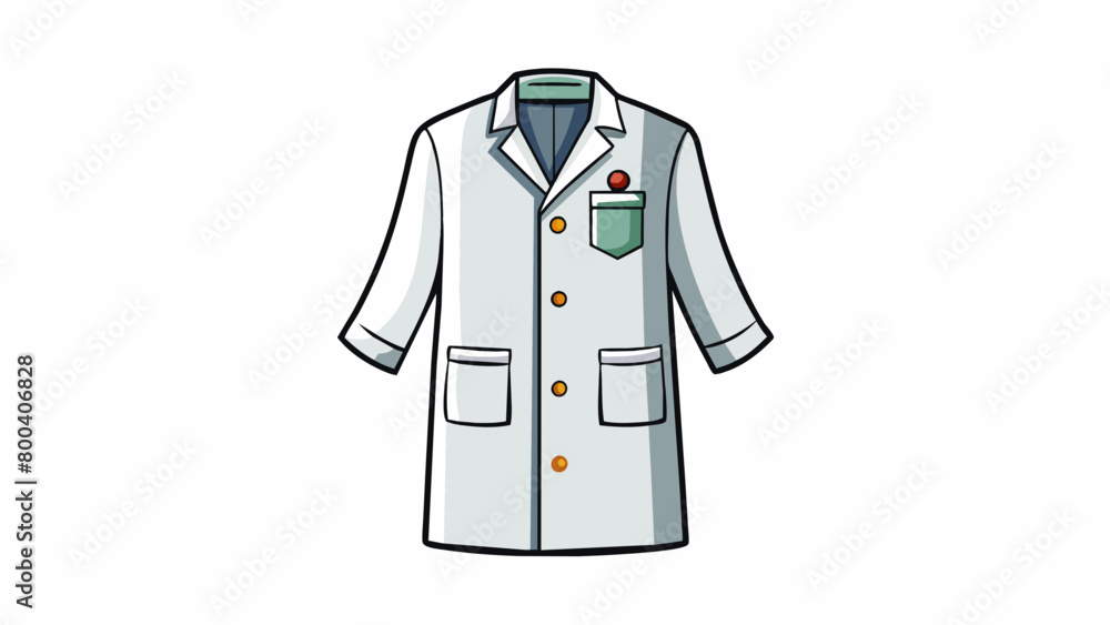Poster A white lab coat made of soft fabric with a buttonup front small pockets and a little name tag that can be personalized.  on white background . Cartoon Vector.