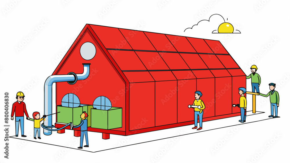 Poster a wide rectangular structure with a bright red exterior and a sloped roof. the side panels are cover