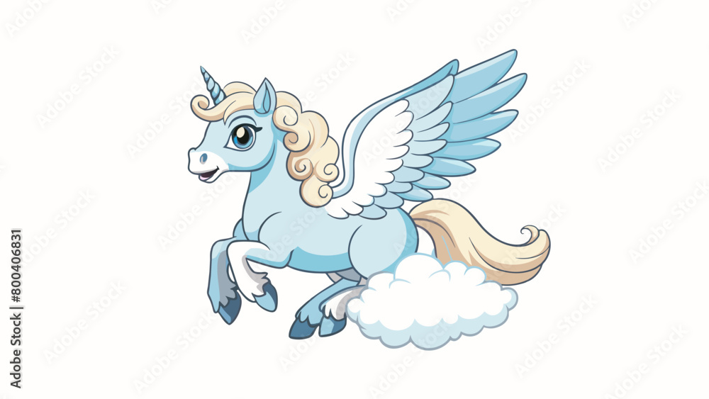 Aufkleber A wise and ancient Pegasus with a wise and gentle demeanor. Its pearly white coat is fringed with a mane and tail made of soft wispy clouds. As it. Cartoon Vector.