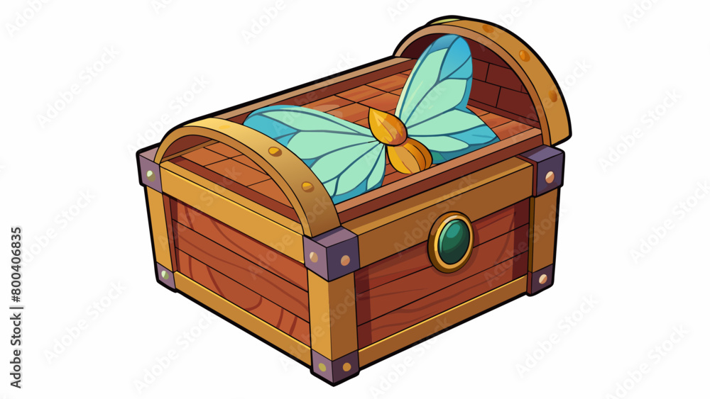 Poster a wooden box with a hinged lid and a small eyepiece on top resembling a treasure chest. the object b