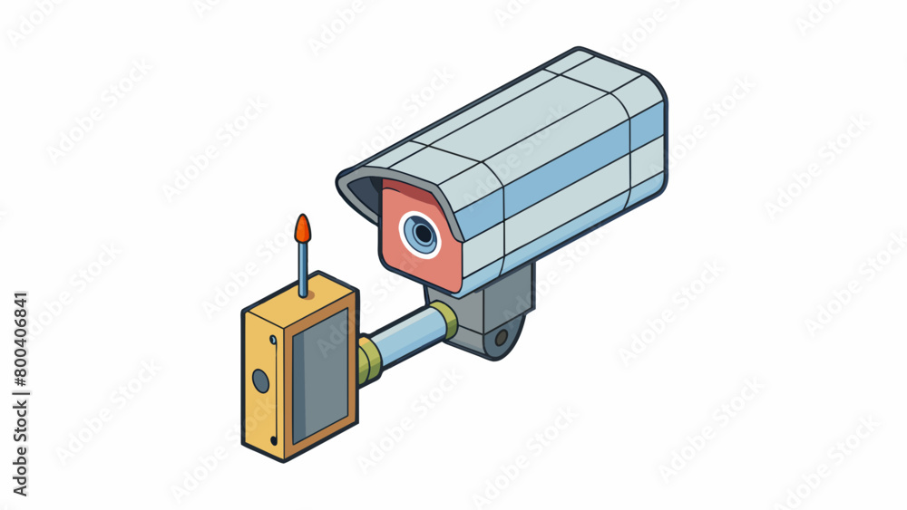 Poster A wireless camera attached to the side of a building its small bulletshaped body pointing towards the entrance. It has motionsensor capabilities and. Cartoon Vector.