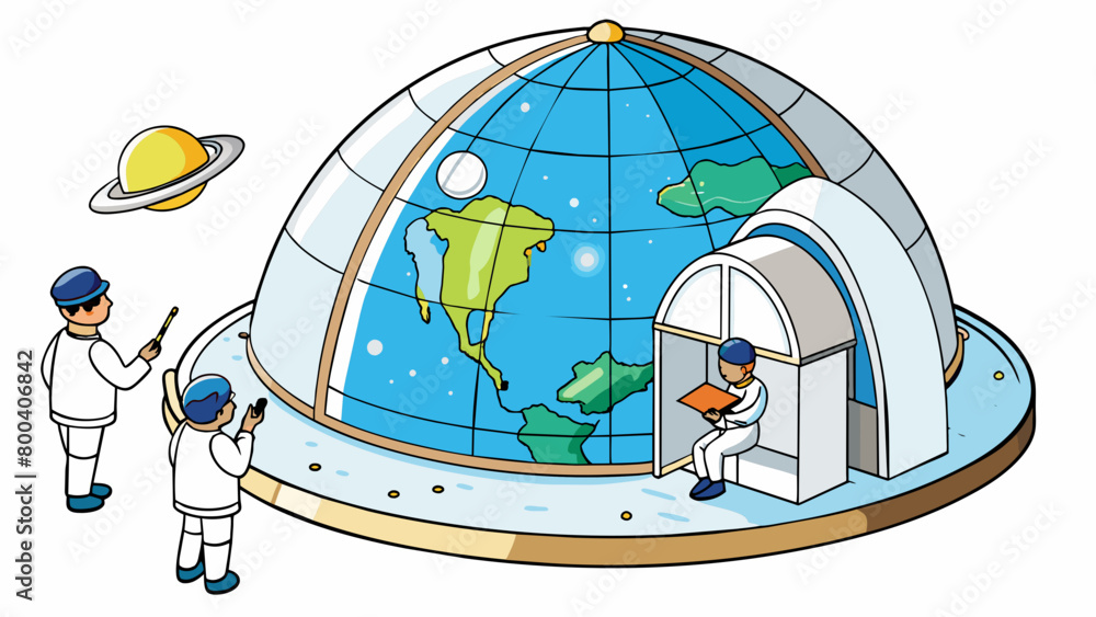 Poster A windowed domelike structure attached to one end of the space station providing a 360degree view of the Earth below. Inside scientists conduct. Cartoon Vector.