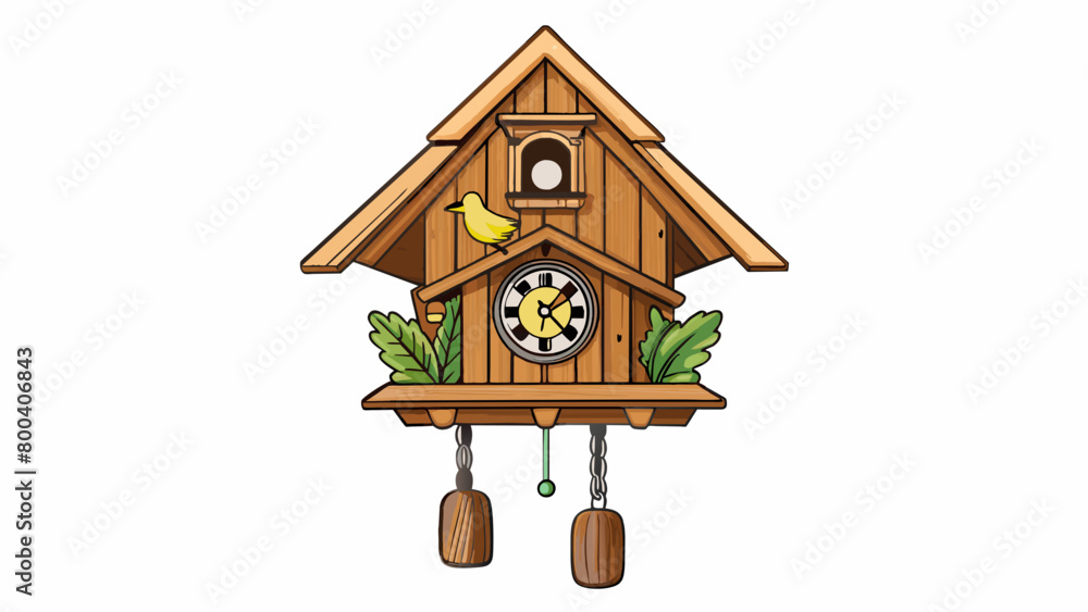 Poster a wooden cuckoo clock with intricate carvings of birds and leaves. the clock has a swinging pendulum