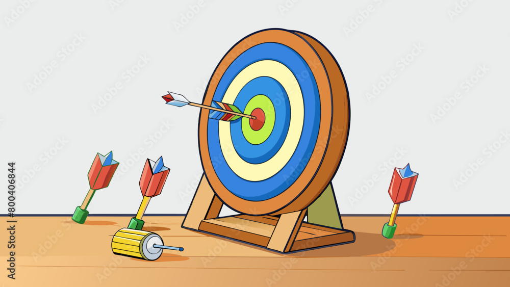 Poster a wooden board with a painted target is mounted on a wall with a set of small sharptipped darts line