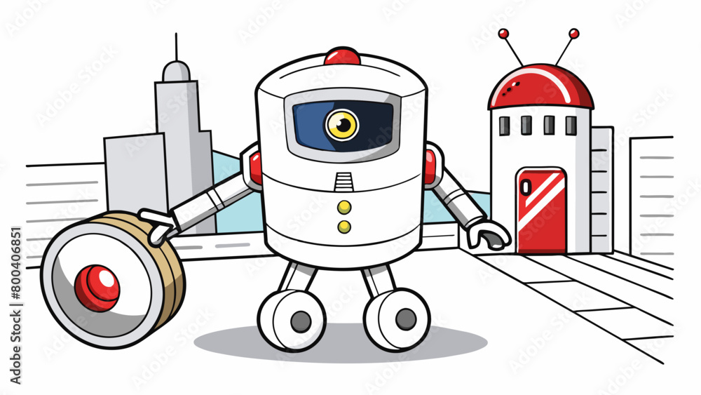 Poster a white cylindrical security robot with a camera and motion detector on top patrols the perimeter of