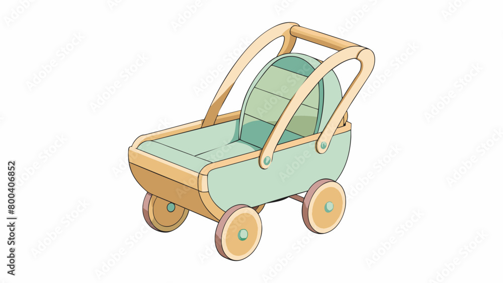 Poster a wooden doll stroller handcrafted and painted in pastel colors featuring a removable seat functiona