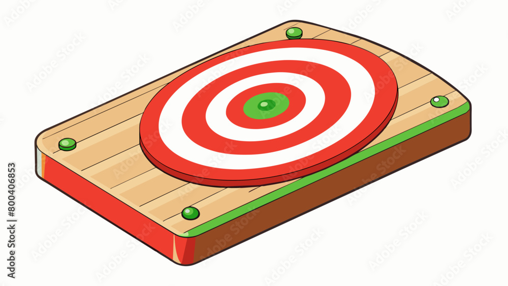 Poster A wooden board with a smooth surface and concentric circles painted in red white and green. Each circle has a different point value with a small. Cartoon Vector.