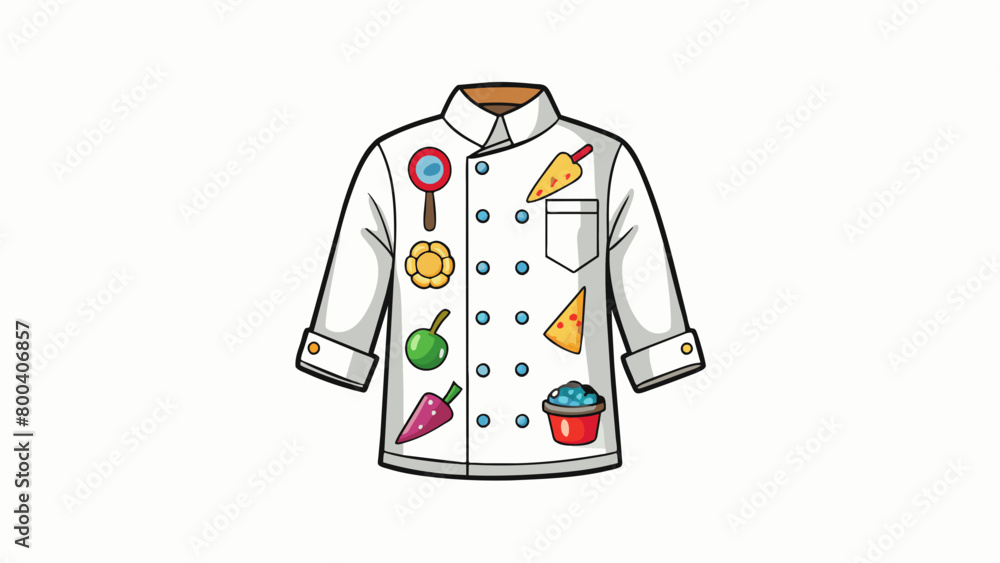 Poster A white chefs coat with colorful buttons featuring a fun print of different types of food from pizza slices to ice cream cones tered all over. The. Cartoon Vector.