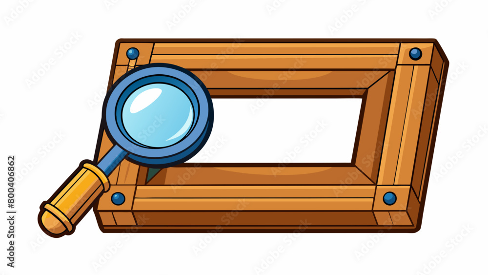 Poster A wooden frame with a flat rectangular piece of glass at the center used for magnifying larger objects such as maps or pages of a book. The glass is. Cartoon Vector.