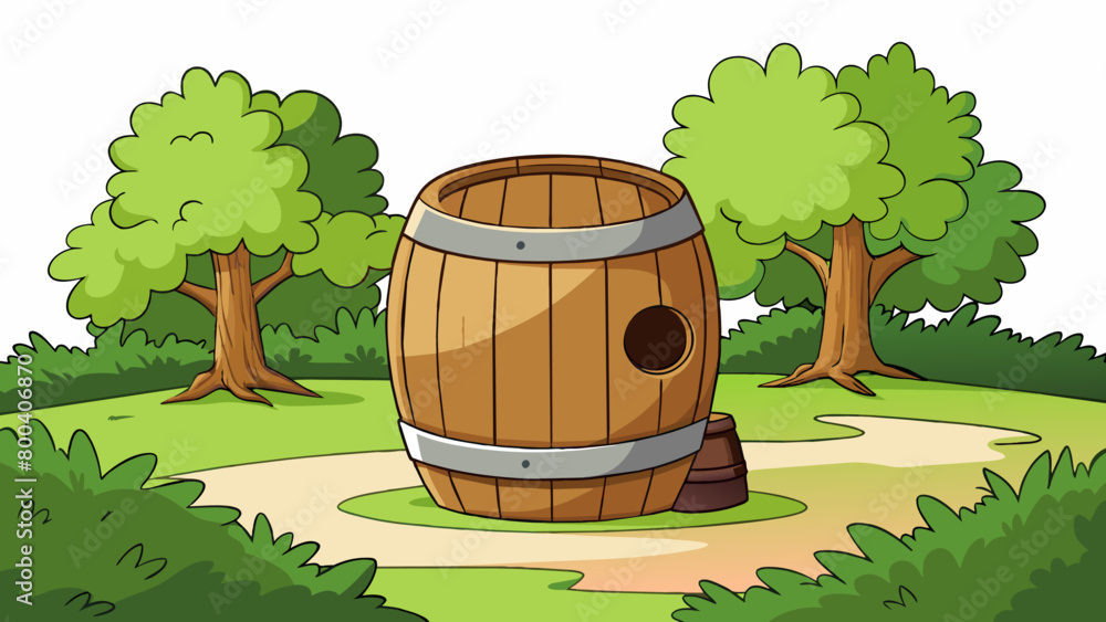Poster A wooden barrel propped up on its side sitting at the edge of a lush forest. The holeinone challenge is to hit a golf ball into the small opening at. Cartoon Vector.