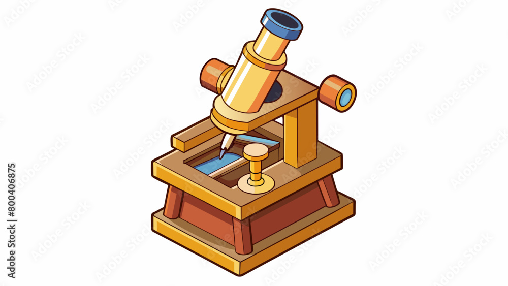 Aufkleber A wooden toy microscope that resembles a miniscience lab with multiple compartments for storing slides and tools. The main lens can be tilted upwards. Cartoon Vector.