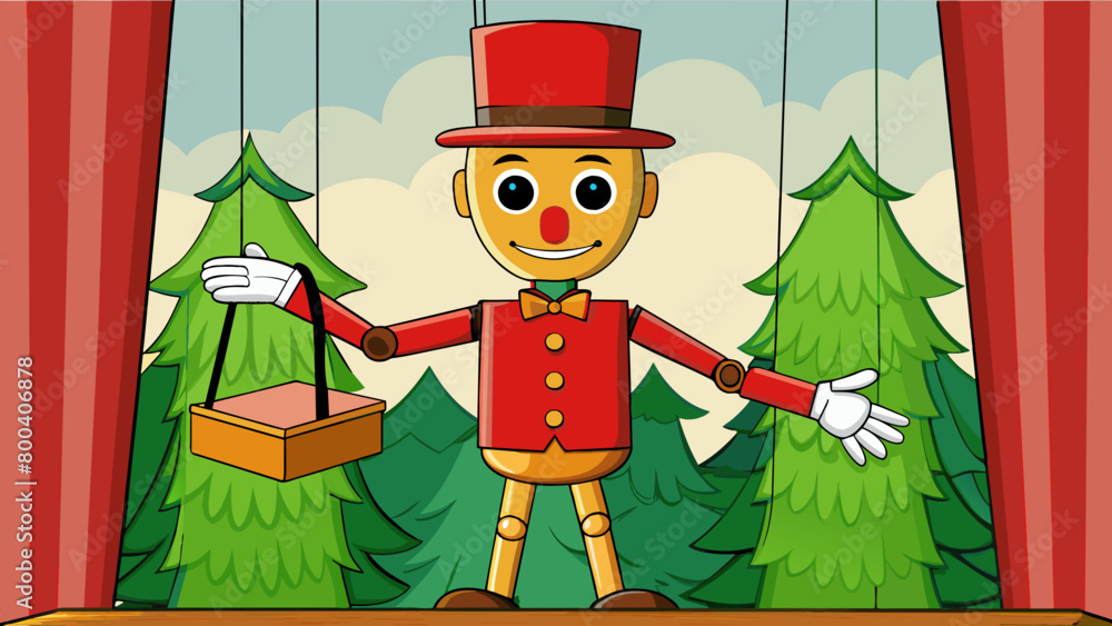 Poster a wooden marionette with jointed limbs and a handpainted face. it wears a red velvet top hat and a r
