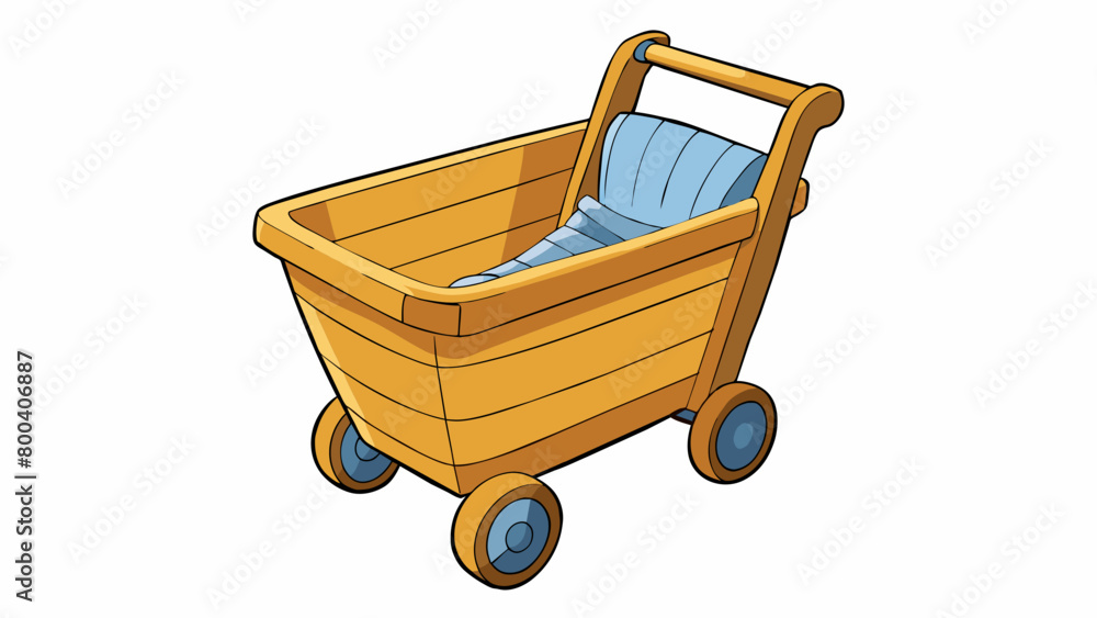 Poster A wooden shopping cart with a natural finish and smooth rounded edges. The large deep basket is lined with soft fabric making it ideal for carrying. Cartoon Vector.
