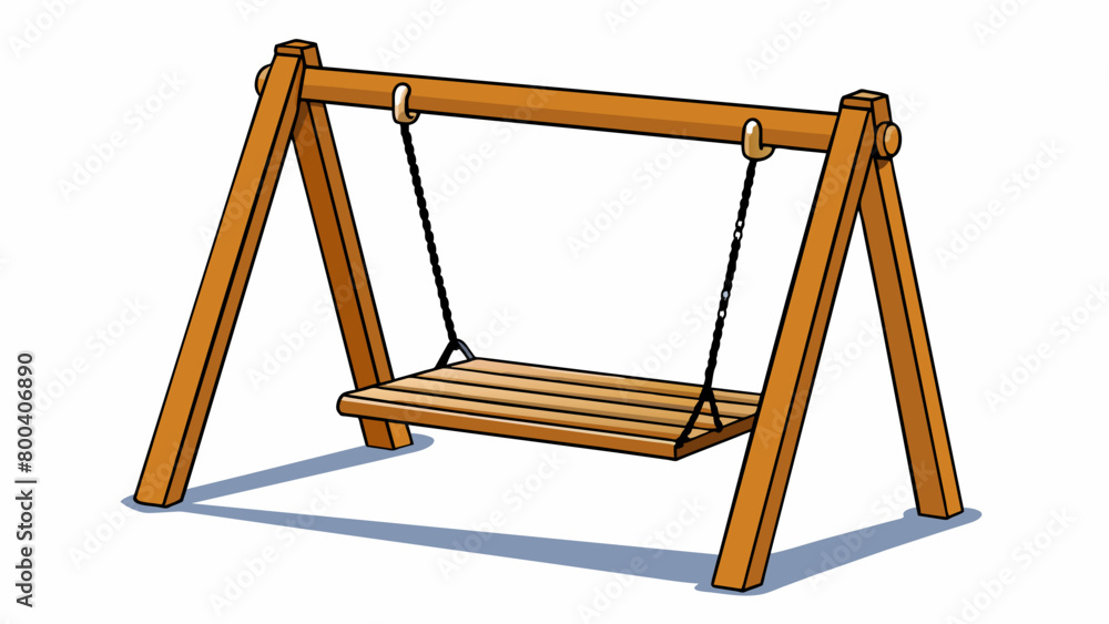Poster a wooden swing set with a single long seat and ropes for hanging. the seat is smooth and polished wh