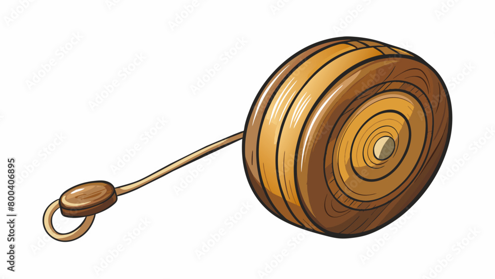Aufkleber A wooden Yoyo with a sleek and smooth finish carved with intricate designs on each side. It has a thick sy string attached to a metal hook at the top. Cartoon Vector.
