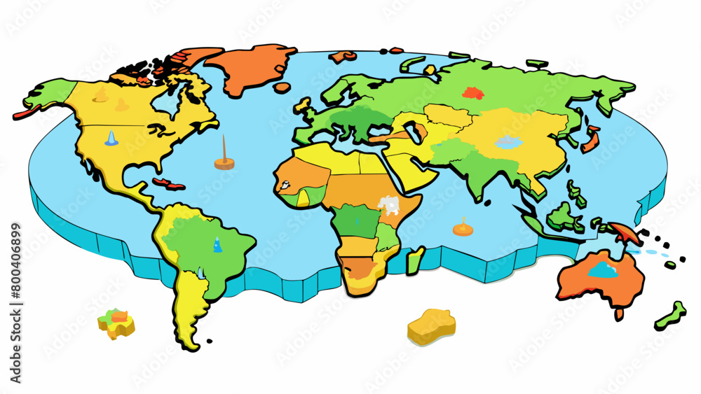Poster A world map with the continents and oceans clearly outlined and labeled. Different countries and their borders are shown with different colors and. Cartoon Vector.