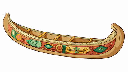 A wellworn canoe sat on the shore its smooth and curved sides showing signs of years of use. Along its length intricate carvings depicted colorful. Cartoon Vector.