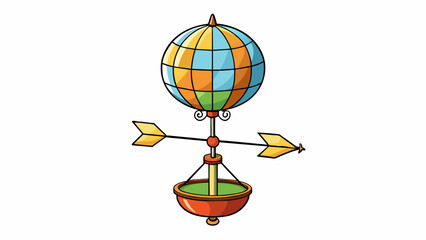Fototapeta premium A whimsical weather vane made of stained glass depicting a hot air balloon floating in the sky. The basket below the balloon spins around showing the. Cartoon Vector.