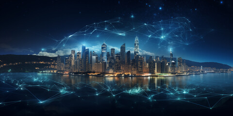 Digital illustration of a city a night with technology connection lines Communication technology for internet business concept