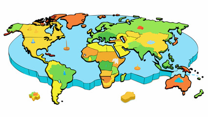 A world map with the continents and oceans clearly outlined and labeled. Different countries and their borders are shown with different colors and. Cartoon Vector.