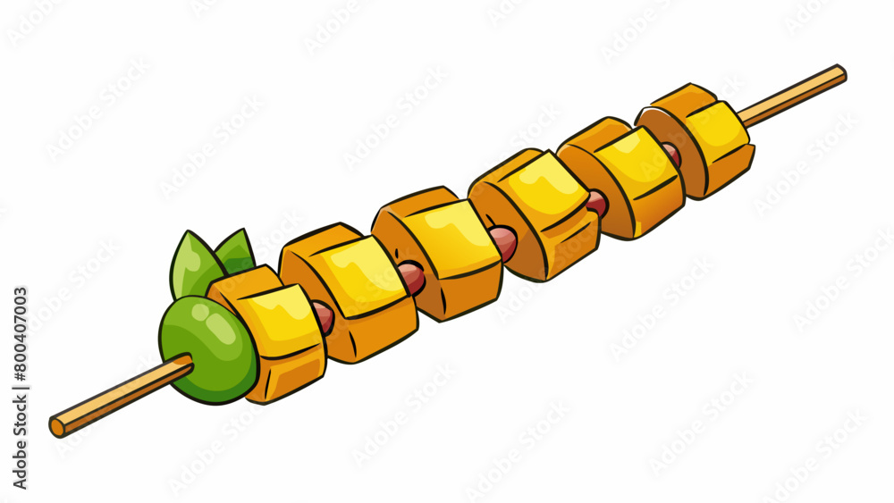 Poster An array of wooden skewers threaded with chunks of mango and other fruits grilled to perfection and served as a tasty dessert. The warm caramelized. Cartoon Vector.