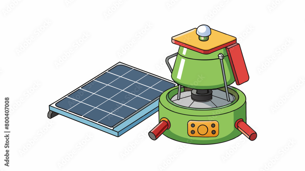 Poster an ecofriendly camping stove that uses renewable energy to operate. it has a solar panel on top and 