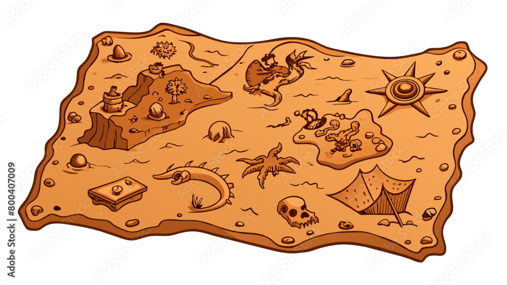 Poster An ancient map engraved on a sheet of copper displaying intricate drawings of sea creatures and mythical creatures in the unexplored parts of the. Cartoon Vector.